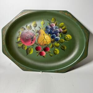 Vintage Nash Company Metal Tray Tole Painting Fruit Olive Green 14 Inch MCM